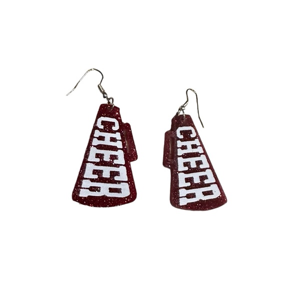 Red Glitter and White CHEER Megaphone Drop Earrings - Picture 3 of 6
